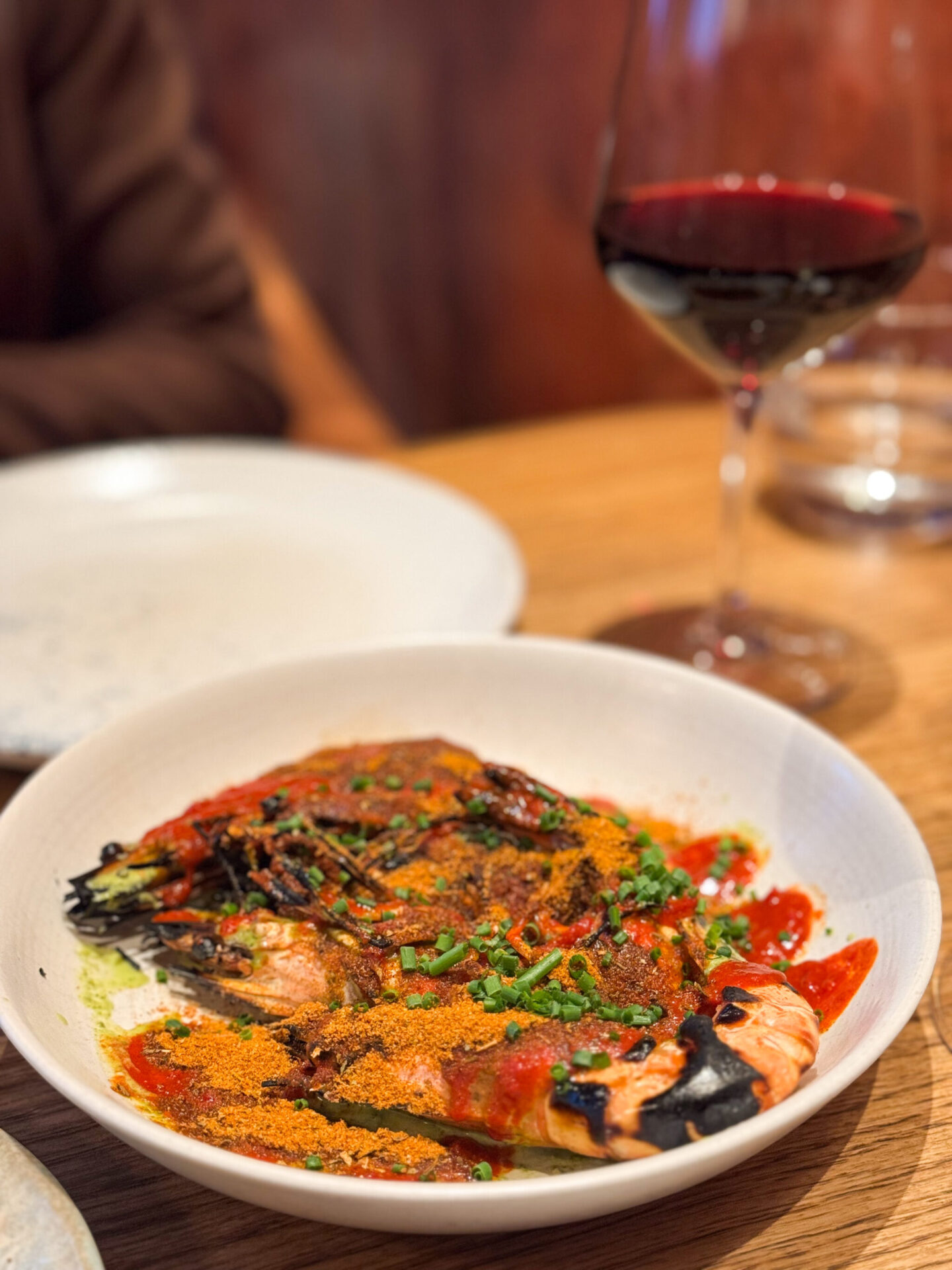 Grilled prawns with masala at Burnt Orange restaurant in Brighton 